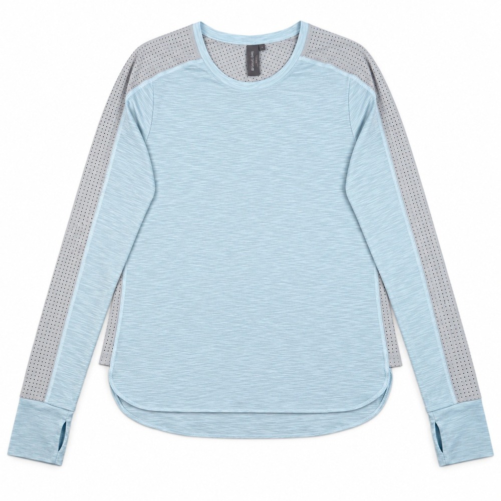 Sweaty Betty Breeze Run Top Women Medium Light Blue Gray Mesh Thumbholes Running